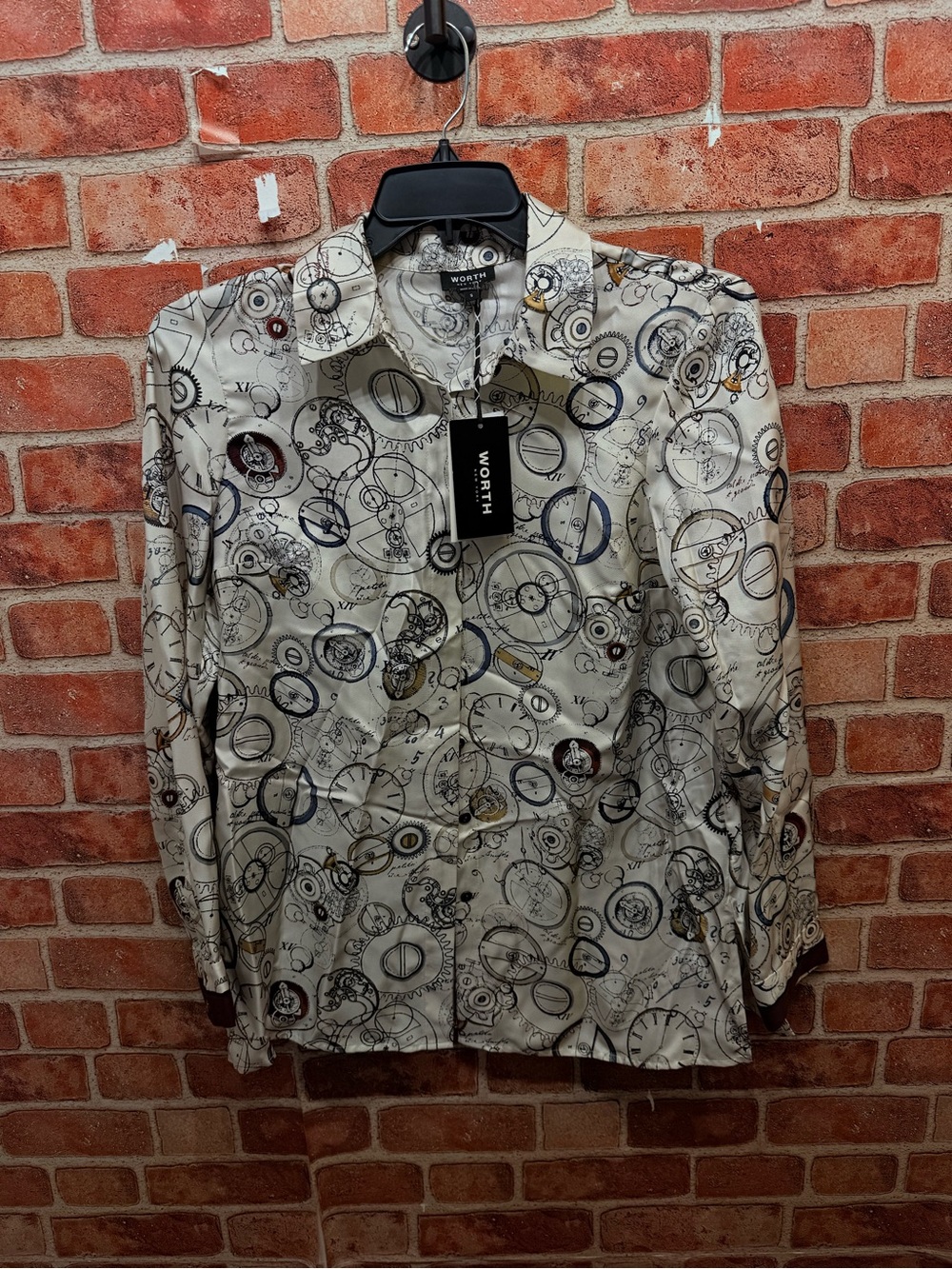Worth Cream Button-Up 100% silk Shirt with Circular Print